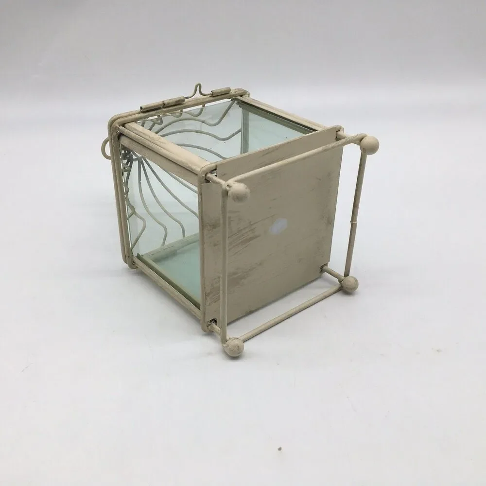Creamy White Metal Glass Lantern Farmhouse Shabby Chic Candle Holders Terrarium